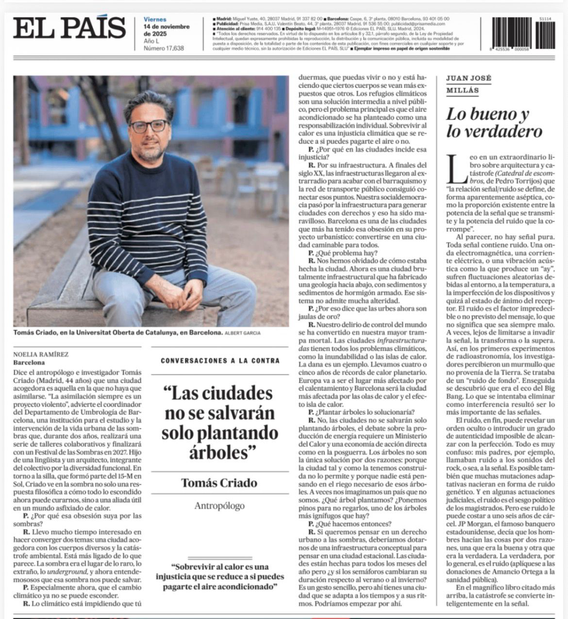 Tomás Criado, antropólogo en La Contra de El País: “Las ciudades no se salvarán solo plantando árboles, necesitamos un Ministerio del Calor”